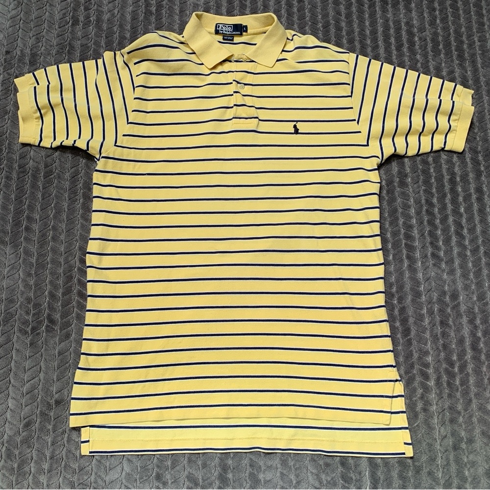 Ralph Lauren Shirt Mens Large Yellow Blue Short Sleeve Polo Striped Vintage